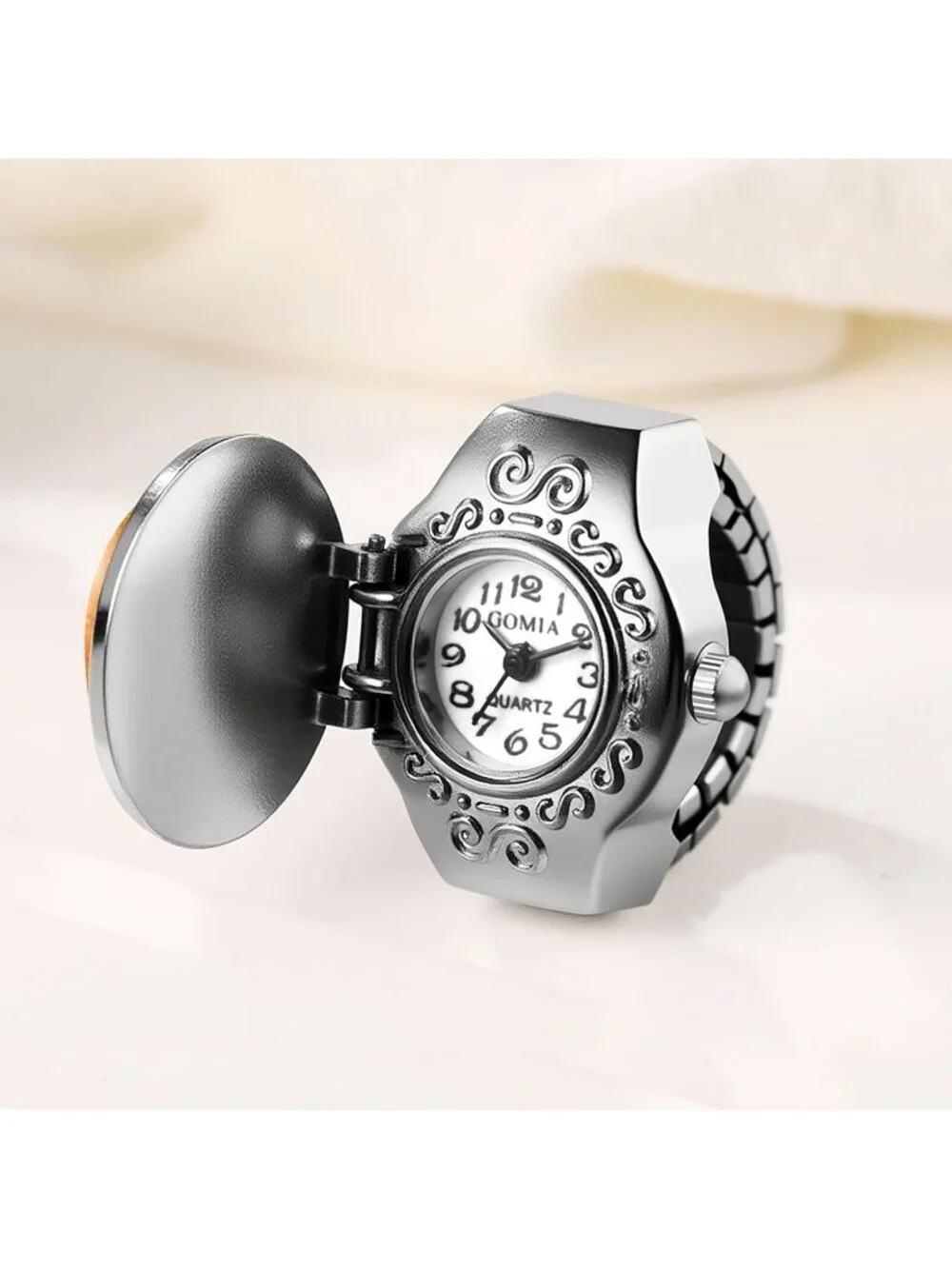Unisex Orange Analog Elastic Band Stainless Steel Stretchy Finger Ring Watch